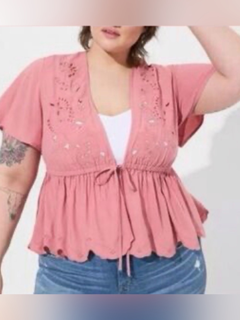 NWT Torrid Eyelet Challis Tie Front Short Sleeved Blouse Dusty Rose Sz 0 12-L